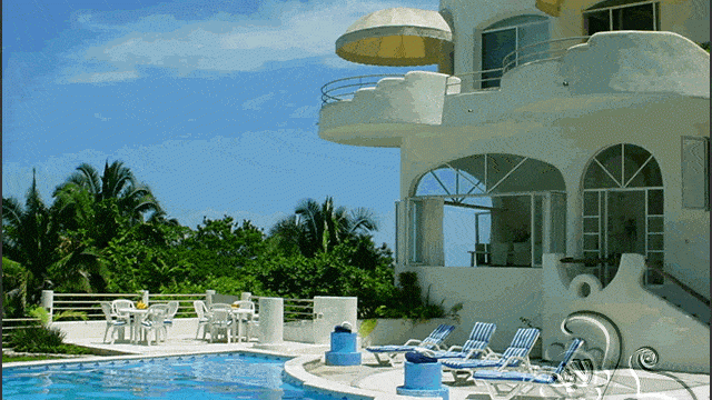 واجهة فيلا مع حوض السباحة و الجلسة الخارجية