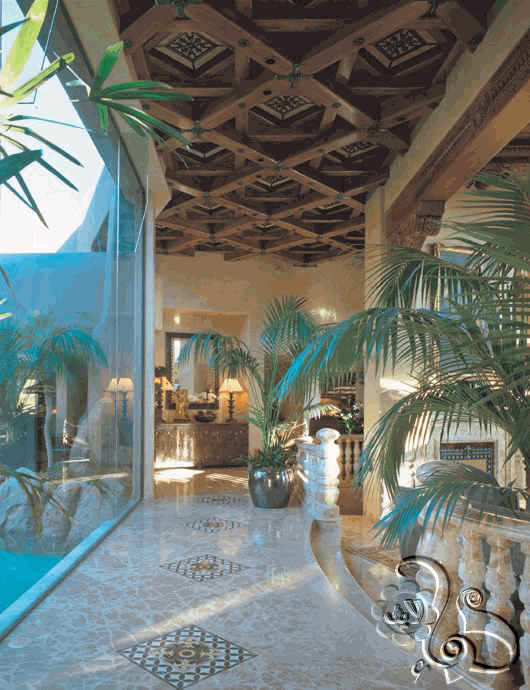 ارضية رخامية مع درابزين رخامي لجزء من الصالة المطل على المسبح