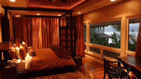 غرفة نوم بديكورات ذات الوان واضاءة داكنة