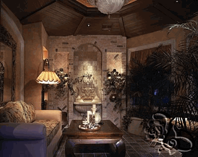 ديكور داخلي جميل استخدم فيه الحجر و الديكور الخشبي للسقف