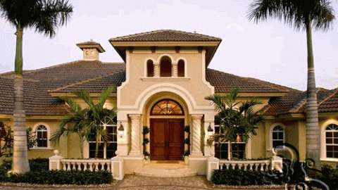 واجهة فيلا مع ارضية حجرية للباحة الخارجية