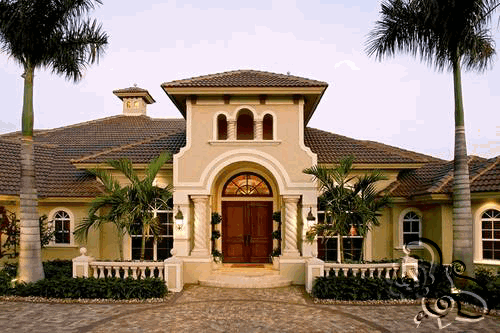 واجهة فيلا مع ارضية حجرية للباحة الخارجية