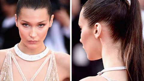 BELLA HADID بتسريحة ذيل الحصان مع مكياج بسيط في حفل كان 2016