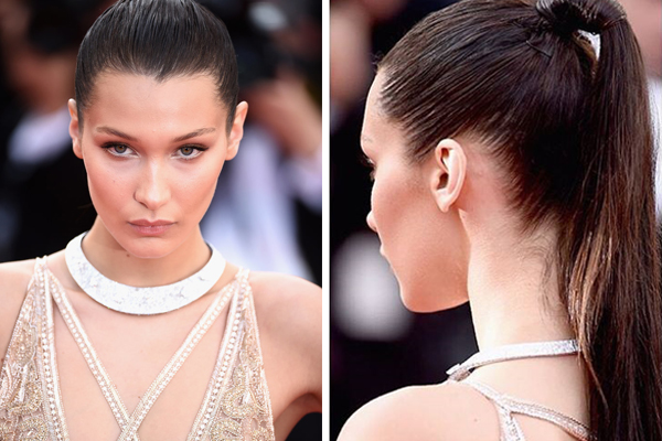 BELLA HADID بتسريحة ذيل الحصان مع مكياج بسيط في حفل كان 2016
