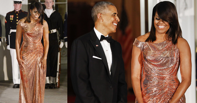 ميشيل أوباما تعتمد فستان فيرساتشي الذهبي في العشاء الرسمي الأخير