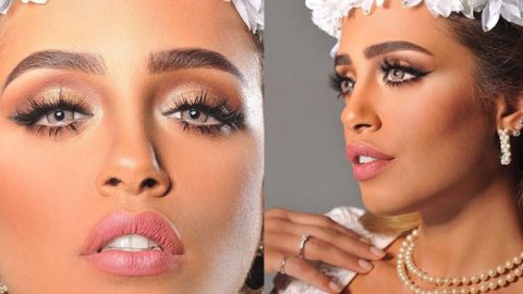 أي لاينر مجنح مع ظلال جفون ترابية وأحمر شفاه وردي من معصومة هاشم للعروس