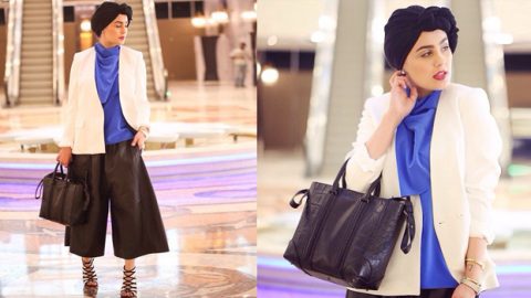 اعتمدي إطلالة الفاشينيستا أسيا عاكف بصيحة اللون الأزرق والسماوي