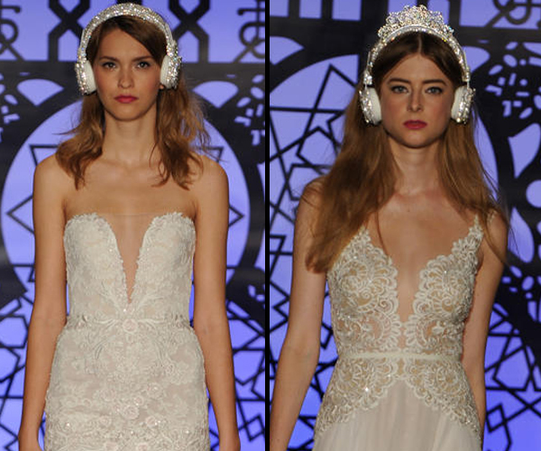 تسريحة شعر إنسيابية مع تاج السماعات البراق لعروس خريف 2016 من reem acra