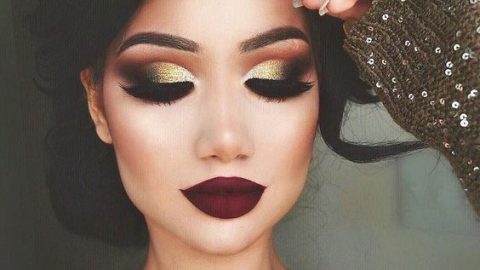 مكياج عيون ميتاليك مع احمر شفاه احمر داكن 2016