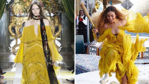 بيونسيه تشوق محبيها لأحدث كليبتها بفستان روبرتو كافالي الشهير