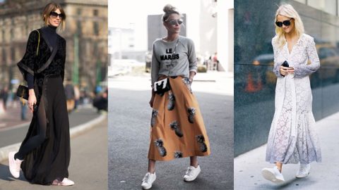 طرق تنسيق الفساتين والتنورات الطويلة مع الحذاء الرياضي صيف 2016