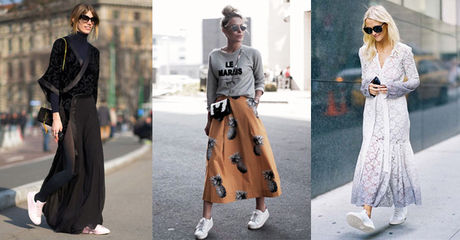 طرق تنسيق الفساتين والتنورات الطويلة مع الحذاء الرياضي صيف 2016