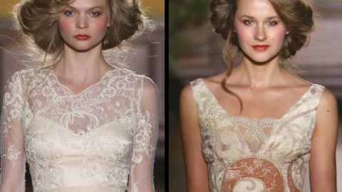 تسريحات شعر منفوشة مع أحمر خدود وشفاه زاهي لعروس خريف 2016 من claire pettibone