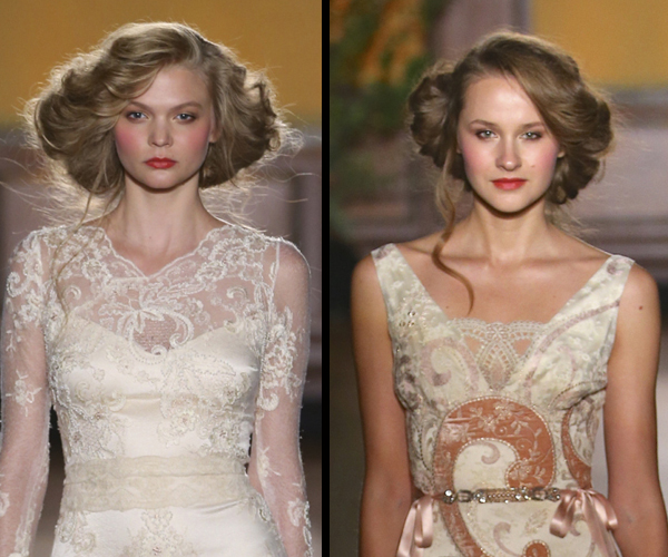 تسريحات شعر منفوشة مع أحمر خدود وشفاه زاهي لعروس خريف 2016 من claire pettibone
