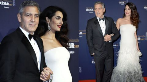 أمل كلوني تتألق مع  فستان فيرساتشي رغم حملها