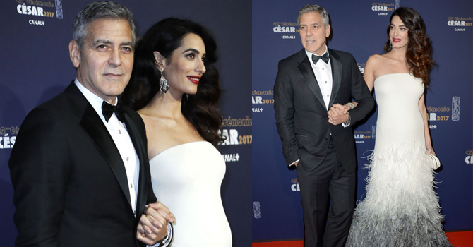 أمل كلوني تتألق مع  فستان فيرساتشي رغم حملها