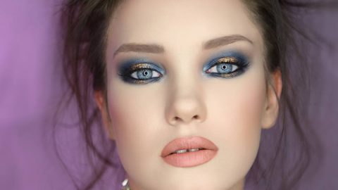 مكياج عيون دخاني بظلال الأزرق والذهبي مع أحمر شفاه بيج لعروس 2016 من فادي قطايا