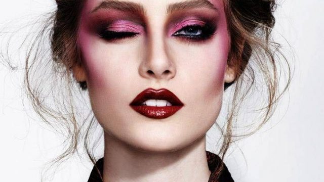 مكياج عيون فوشيا مع احمر شفاه احمر 2015
